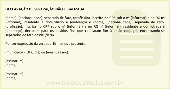 Modelo de Declaração de Separação não Legalizada