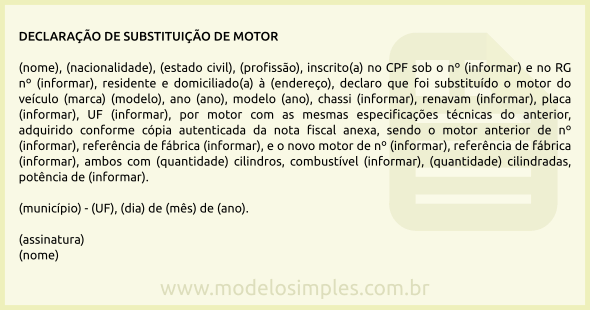 Modelo de Declaração de Substituição de Motor