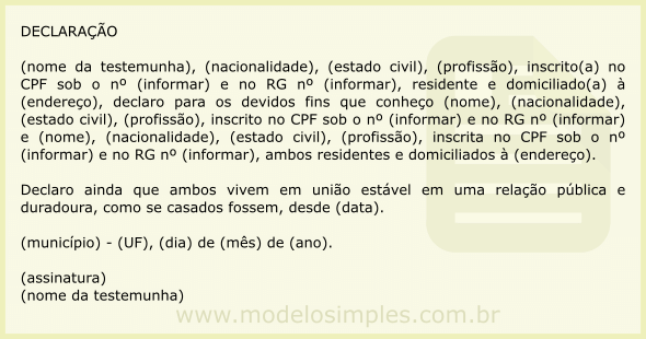 Modelo de Declaração de Testemunha de União Estável