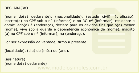 Modelo de Declaração de Testemunha sobre Guarda e Dependência