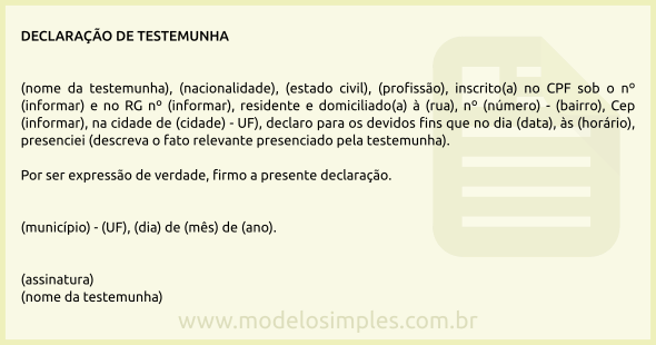 Modelo de Declaração de Testemunha