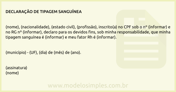 Modelo de Declaração de Tipagem Sanguínea