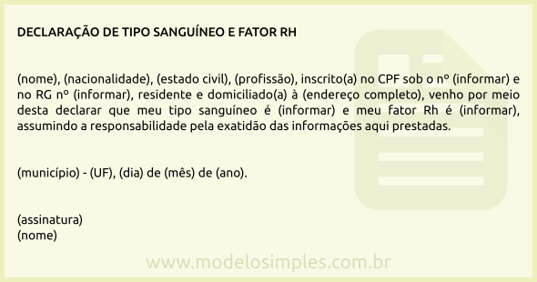 Modelo de Declaração de Tipo Sanguíneo e Fator Rh