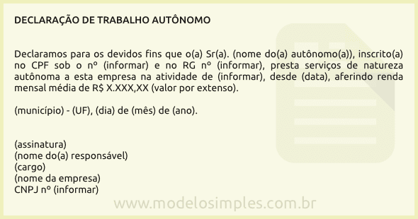 Modelo de Declaração de Trabalho Autônomo