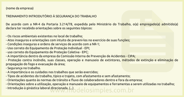 Modelo de Declaração de Treinamento Introdutório à 