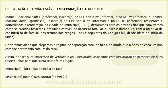 Modelo de Declaração de União Estável com Separação Total de Bens