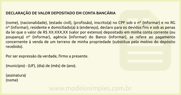 Modelo de Declaração de Valor Depositado em Conta Bancária