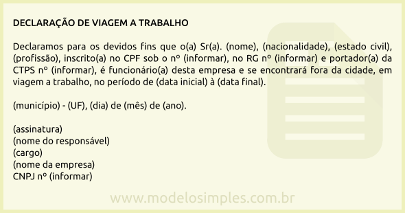 Modelo de Declaração de Viagem a Trabalho