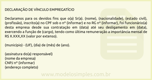 Modelo de Declaração de Vínculo Empregatício