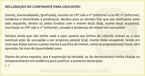 Modelo de Declaração do Confinante para Usucapião