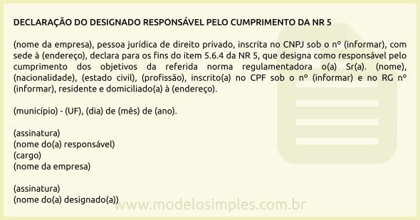 Modelo de Declaração do Designado Responsável pelo Cumprimento da NR 5