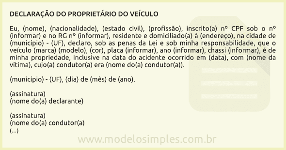 Modelo de Declaração do Proprietário do Veículo