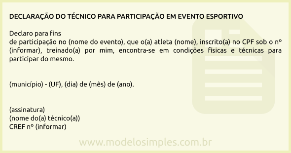 Modelo de Declaração do Técnico para Participação em Evento Esportivo