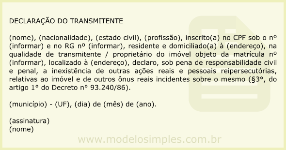 Modelo de Declaração do Transmitente sobre a Inexistência de Outras Ações