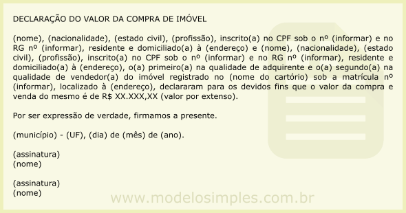 Modelo de Declaração do Valor da Compra de Imóvel