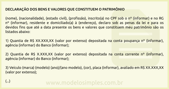 Modelo de Declaração dos Bens e Valores que Constituem o Patrimônio