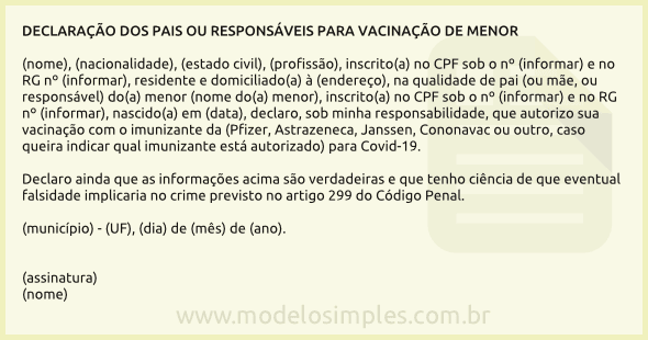 Modelo de Declaração dos Pais ou Responsáveis para Vacinação de Menor