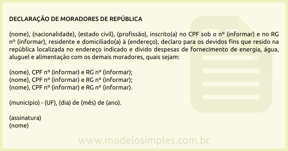 Modelo de Declaração Identificando os Demais Moradores de República