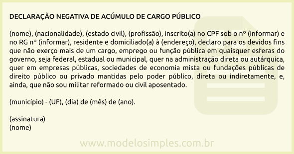 Modelo de Declaração Negativa de Acúmulo de Cargo Público