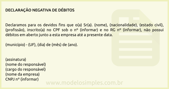 Modelo de Declaração Negativa de Débitos