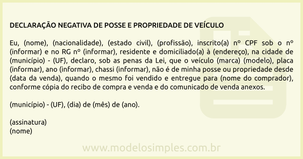 Modelo de Declaração Negativa de Posse e Propriedade de Veículo