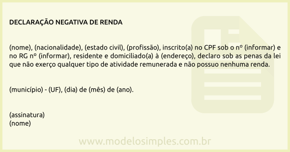 Modelo de Declaração Negativa de Renda