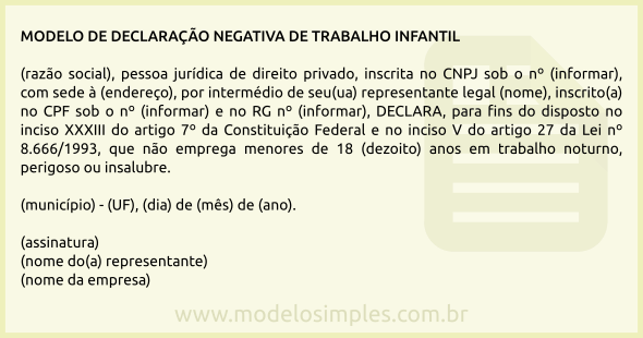 Modelo de Declaração Negativa de Trabalho Infantil