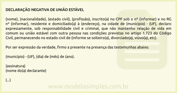 Modelo de Declaração Negativa de União Estável