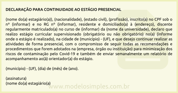 Modelo de Declaração para Continuidade do Estágio Presencial