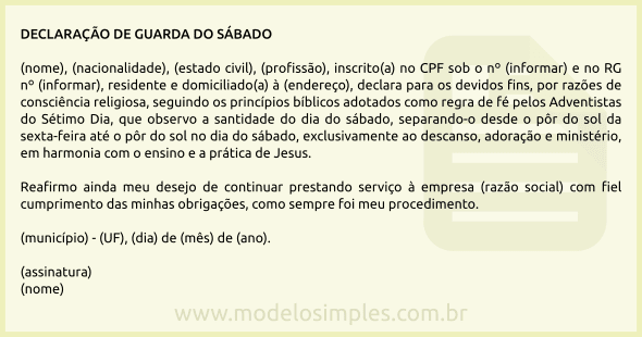 Modelo de Declaração para Empregado que Inicia a Guarda do Sábado