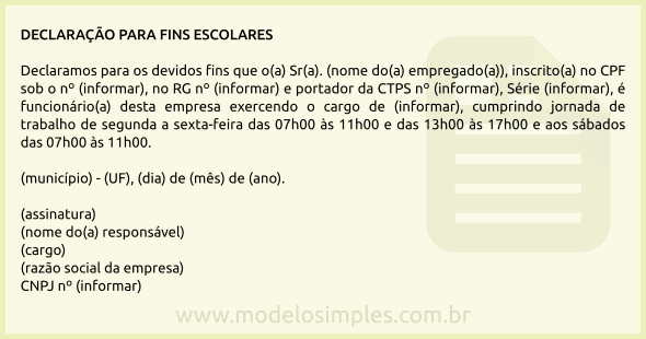 Modelo de Declaração para Fins Escolares