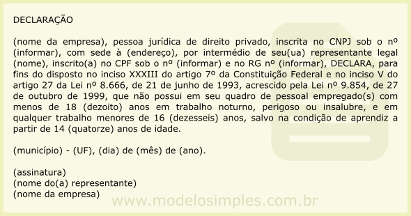 Modelo de Declaração que Não Emprega Menor