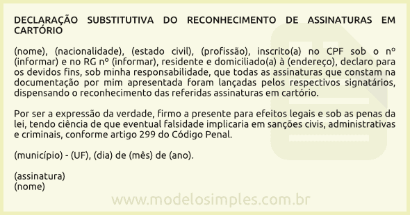 Modelo de Declaração Substitutiva do Reconhecimento de Assinaturas em Cartório