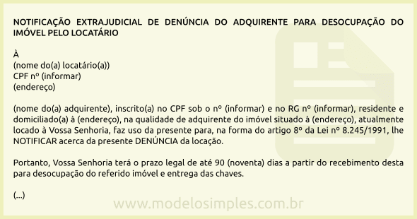 Modelo de Denúncia do Adquirente para Desocupação do Imóvel pelo Locatário