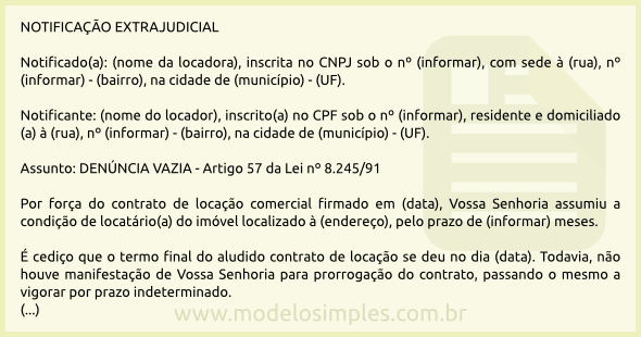 Modelo de Denúncia Vazia para Retomada de Imóvel Comercial