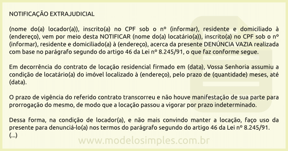 Modelo de Denúncia Vazia para Retomada de Imóvel Residencial