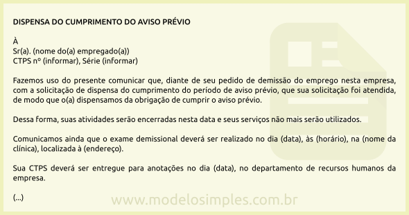 Modelo de Dispensa do Cumprimento do Aviso Prévio