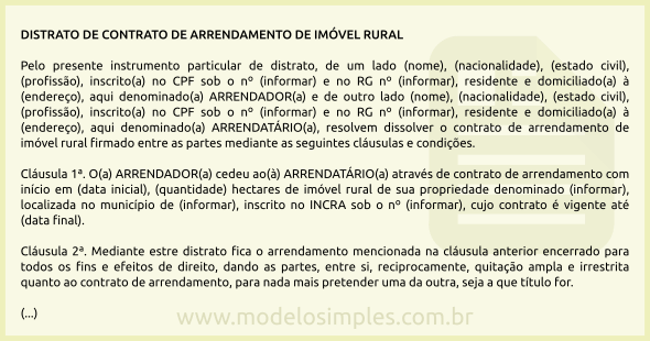 Modelo de Distrato de Contrato de Arrendamento de Imóvel Rural