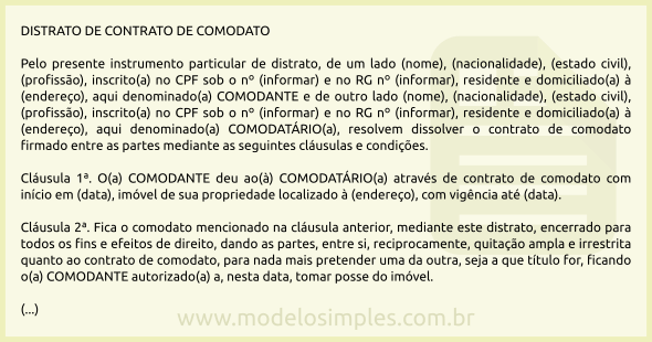 Modelo de Distrato de Contrato de Comodato