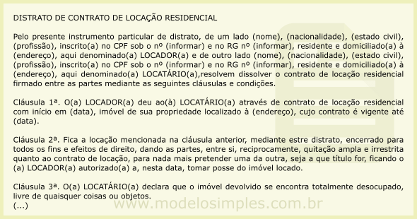 Modelo de Distrato de Contrato de Locação Residencial