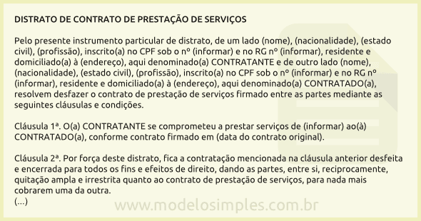 Modelo de Distrato de Contrato de Prestação de Serviços