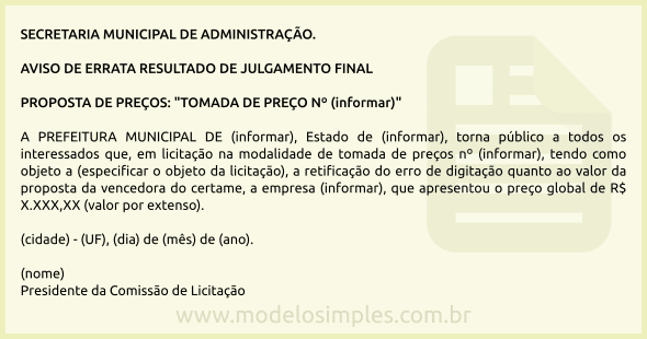 Modelo de Edital de Aviso de Errata de Resultado de Licitação