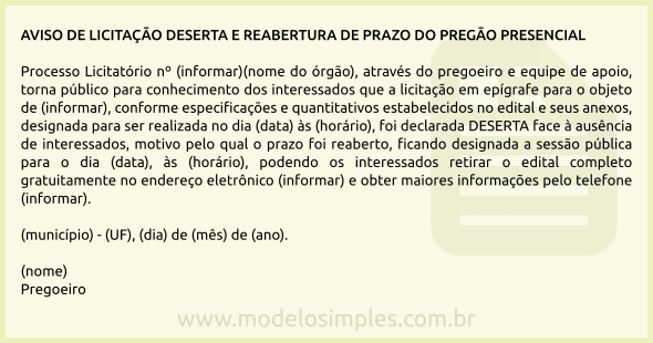 Modelo de Edital de Aviso de Licitação Deserta e Reabertura de Prazo do Pregão