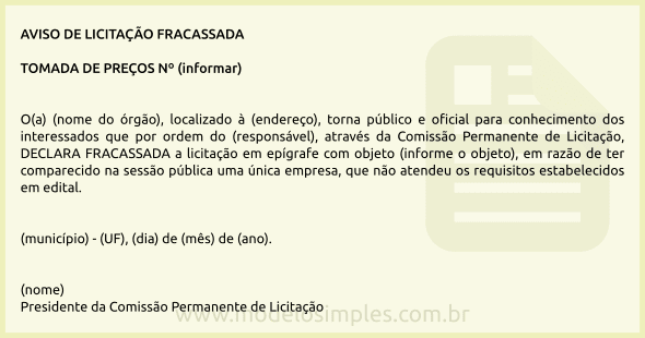 Modelo de Edital de Aviso de Licitação Fracassada