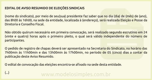 Modelo de Edital de Aviso Resumido de Eleições Sindicais