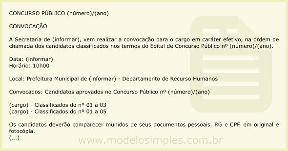 Modelo de Edital de Convocação de Aprovados em Concurso Público