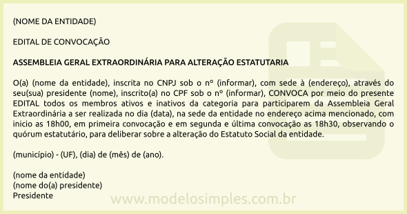 Modelo de Edital de Convocação para Assembleia de Alteração Estatuária