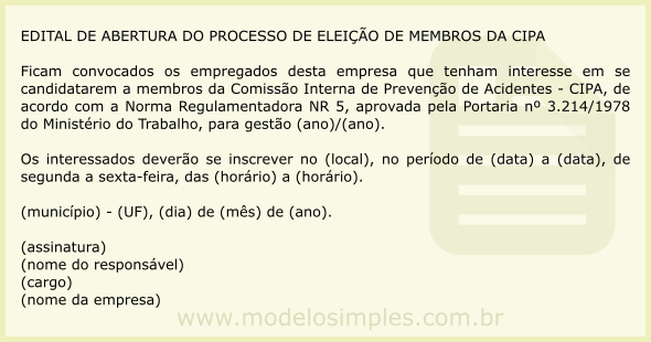 Modelo de Edital de Convocação para Candidaturas da Eleição da CIPA