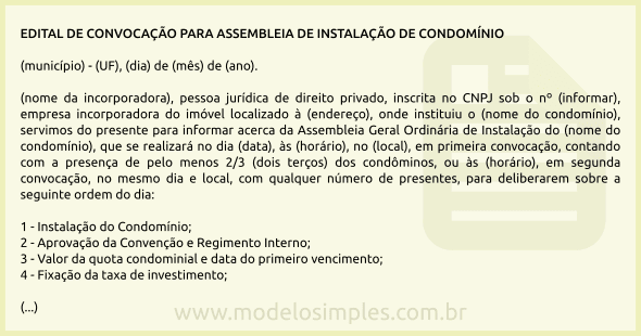 Modelo de Edital de Convocação para Instalação de Condomínio