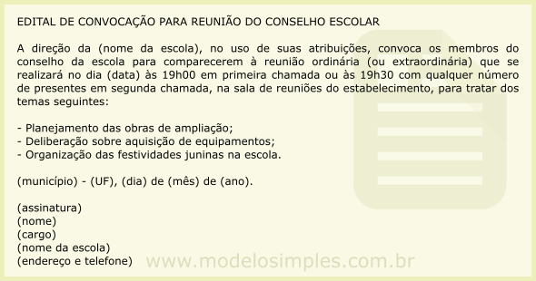 Modelo de Edital de Convocação para Reunião do Conselho Escolar
